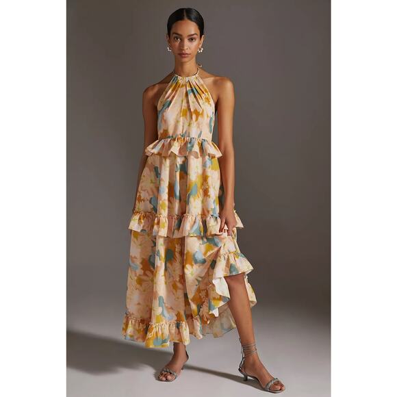 Anthropologie Ruffled Tiered Floral Maxi Dress Geisha Designs S Halter Boho - Picture 1 of 9